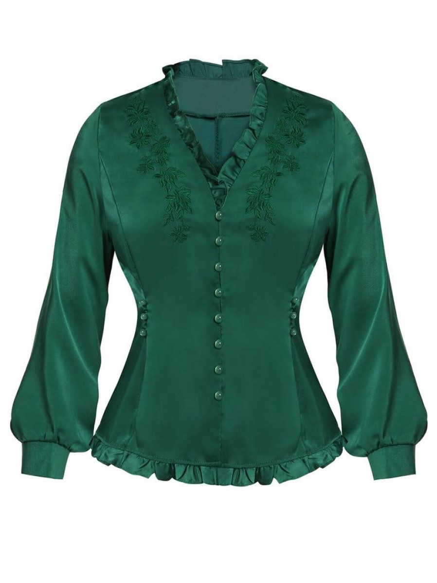 Clothing Retro Stage | 1950S Floral Mullein Edge Tops Dark Green