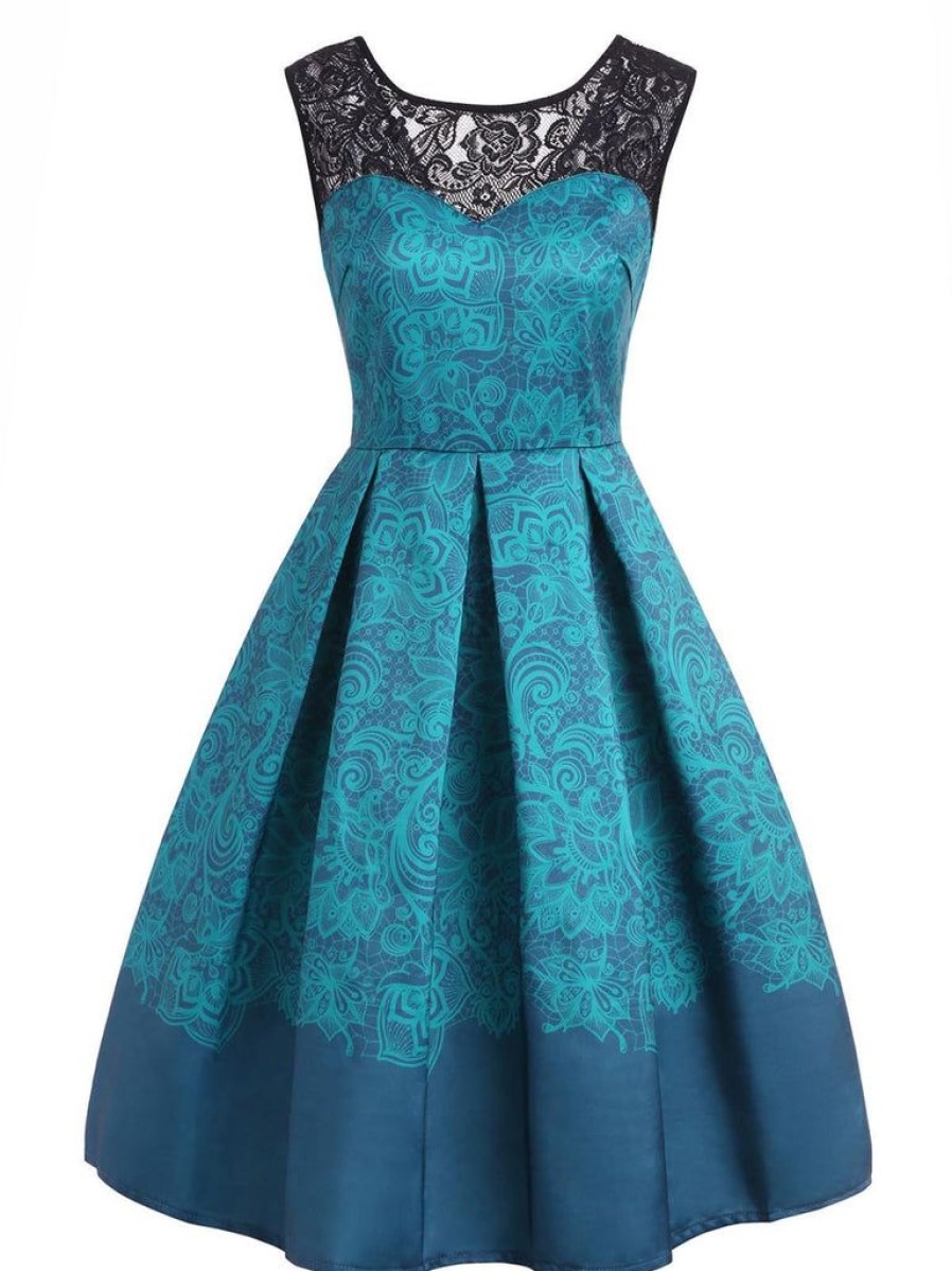 Clothing Retro Stage | 1950S Floral Sweetheart Swing Dress Blue