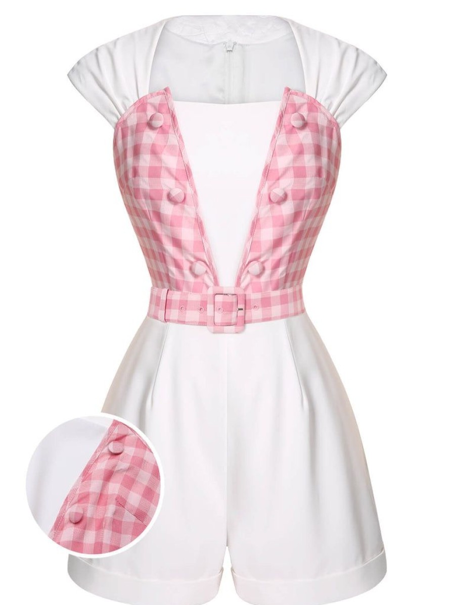 Clothing Retro Stage | 1950S Plaid Romper With Belt White & Pink