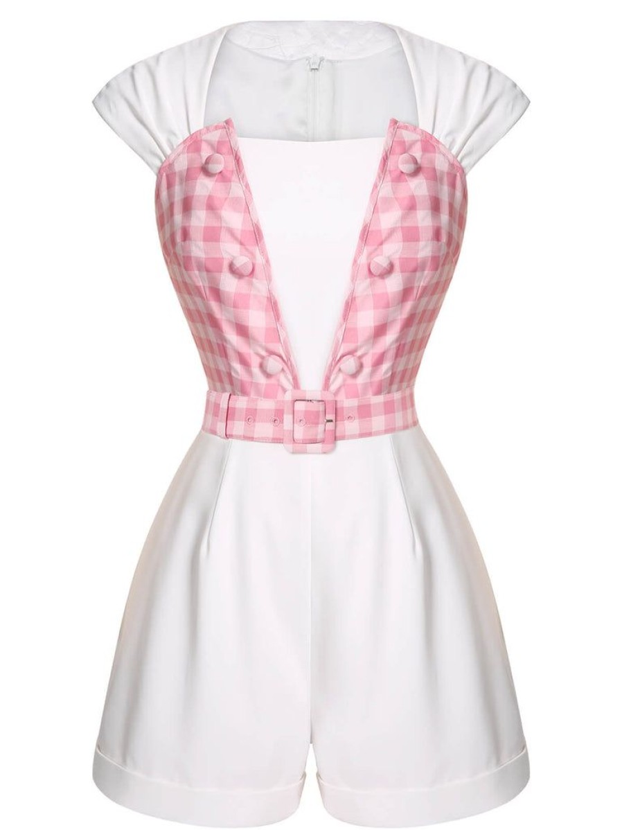 Clothing Retro Stage | 1950S Plaid Romper With Belt White & Pink