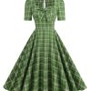 Clothing Retro Stage | 1950S Gingham Plaid Square Neck Fla Dress