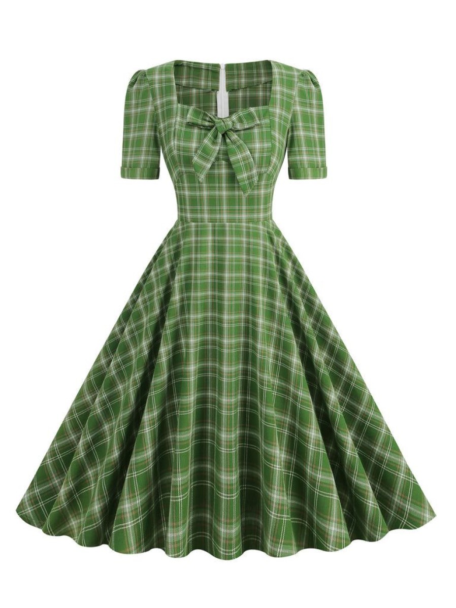 Clothing Retro Stage | 1950S Gingham Plaid Square Neck Fla Dress