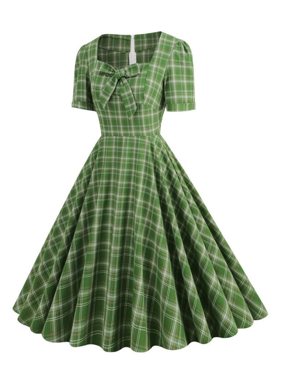 Clothing Retro Stage | 1950S Gingham Plaid Square Neck Fla Dress