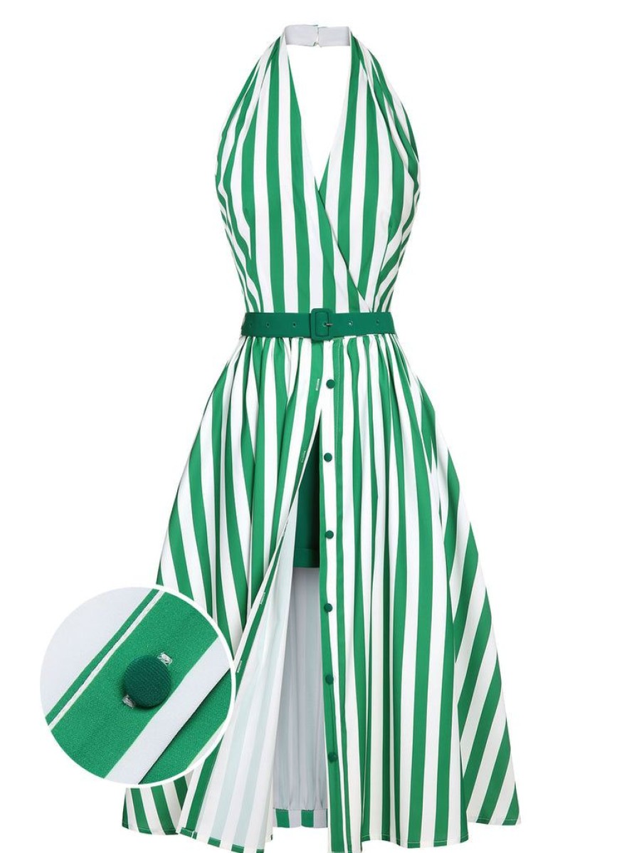 Clothing Retro Stage | 2Pcs 1950S Stripes Romper & Umbrella Skirt Green