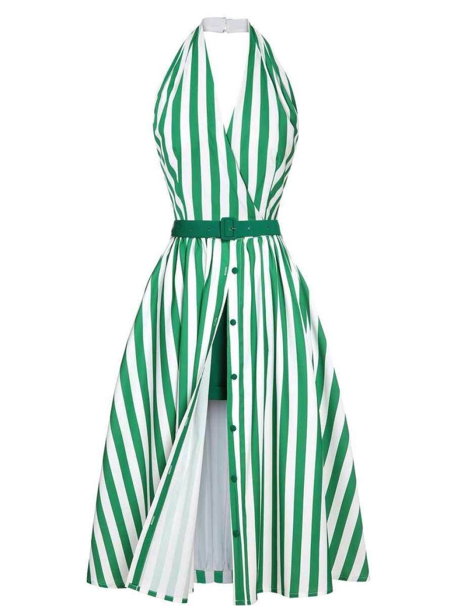 Clothing Retro Stage | 2Pcs 1950S Stripes Romper & Umbrella Skirt Green