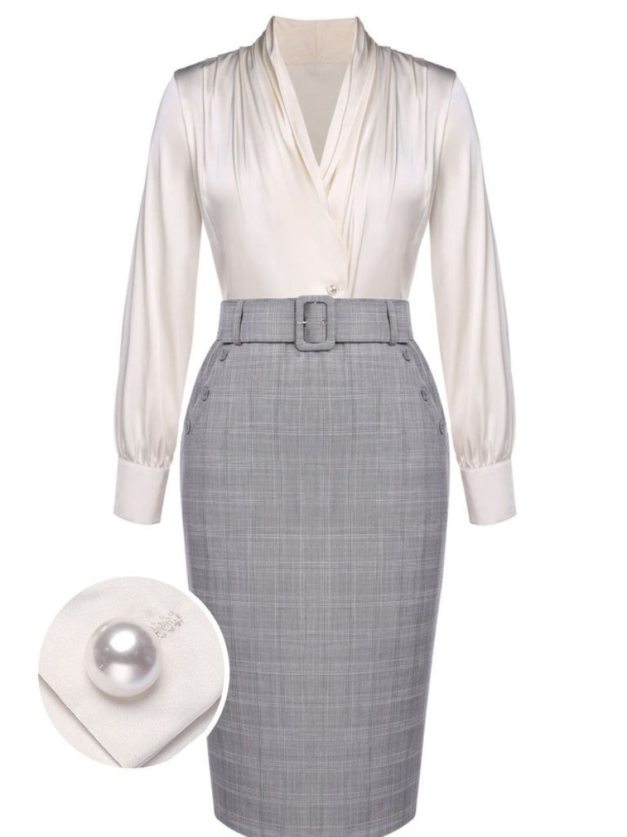 Clothing Retro Stage | 1960S Ivory Solid Blouse & Gray Retro Skirt Ivory & Gray