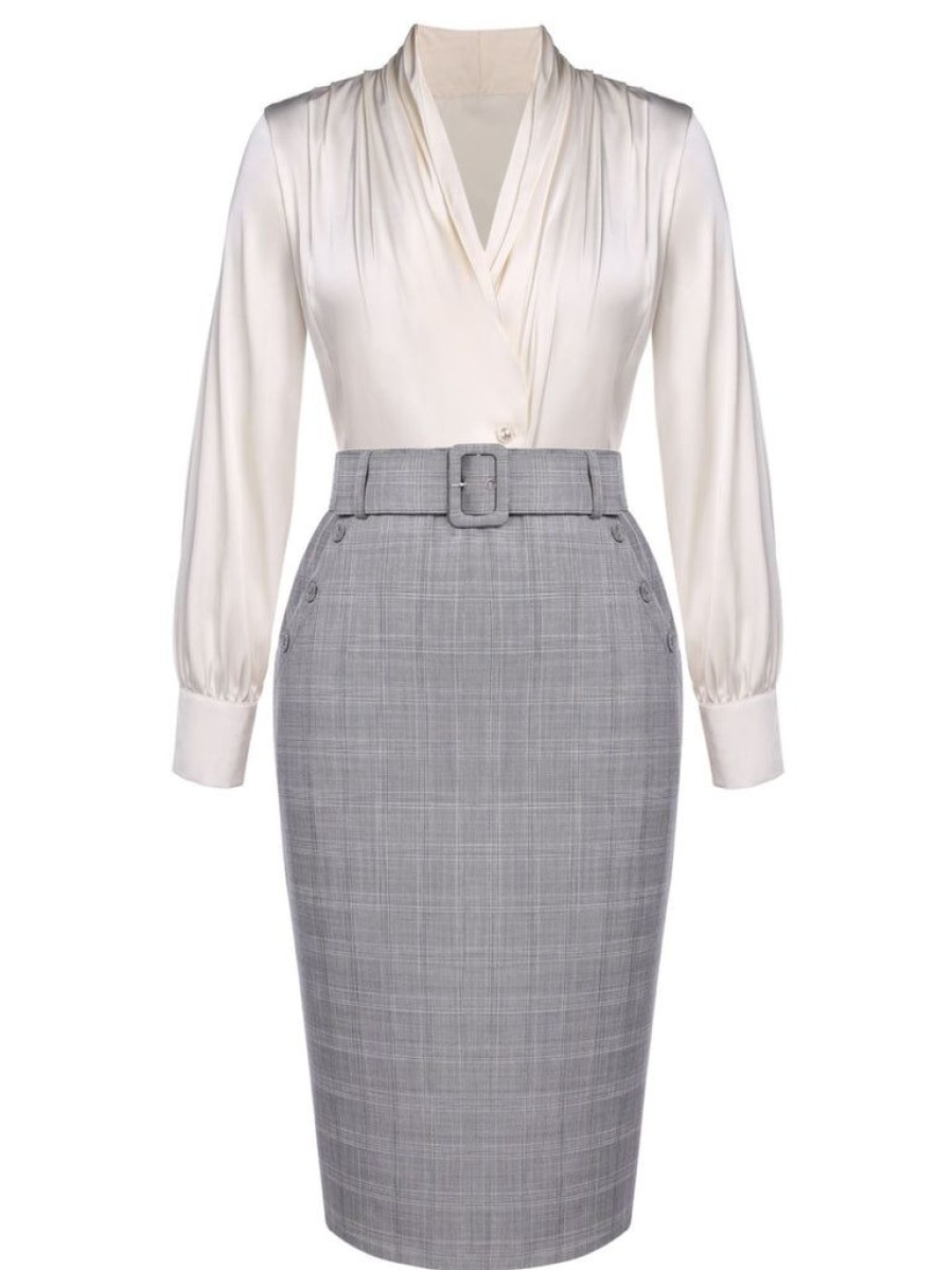 Clothing Retro Stage | 1960S Ivory Solid Blouse & Gray Retro Skirt Ivory & Gray