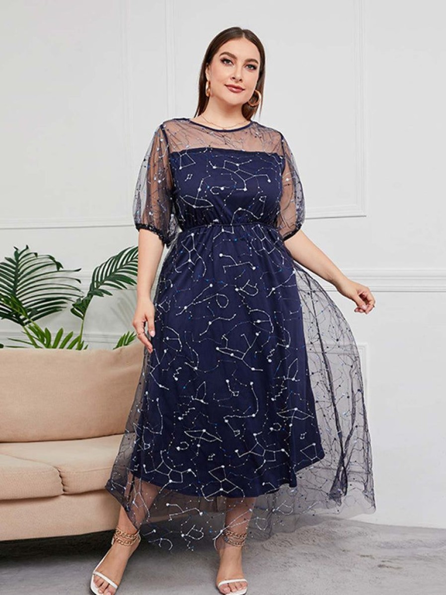 Clothing Retro Stage | [Plus Size] 1930S Constellation Mesh Dress Dark Blue