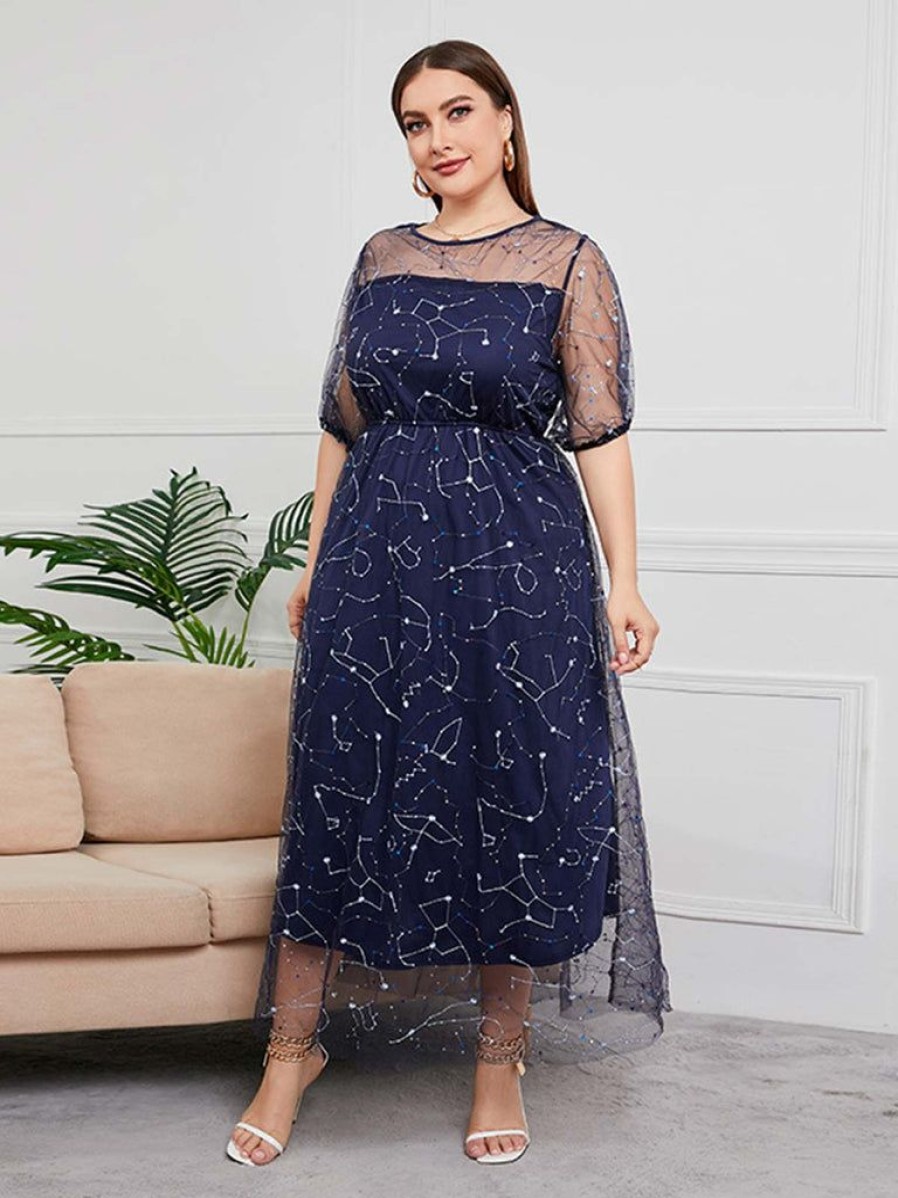 Clothing Retro Stage | [Plus Size] 1930S Constellation Mesh Dress Dark Blue