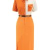 Clothing Retro Stage | 1960S 2Pcs Vintage Shirt & Slit Skirt Orange