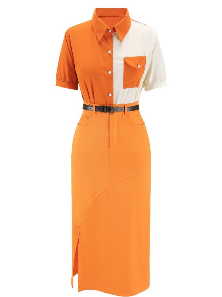 Clothing Retro Stage | 1960S 2Pcs Vintage Shirt & Slit Skirt Orange