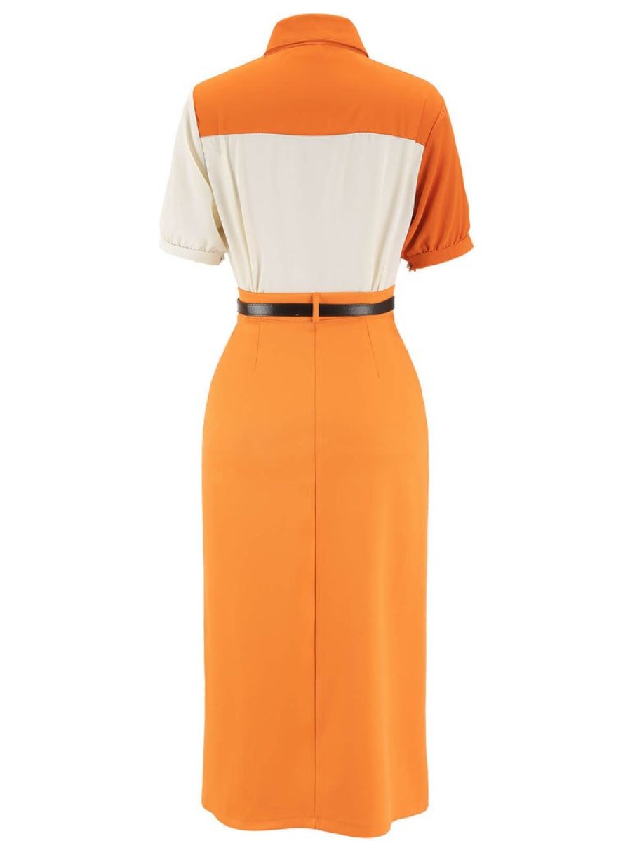 Clothing Retro Stage | 1960S 2Pcs Vintage Shirt & Slit Skirt Orange