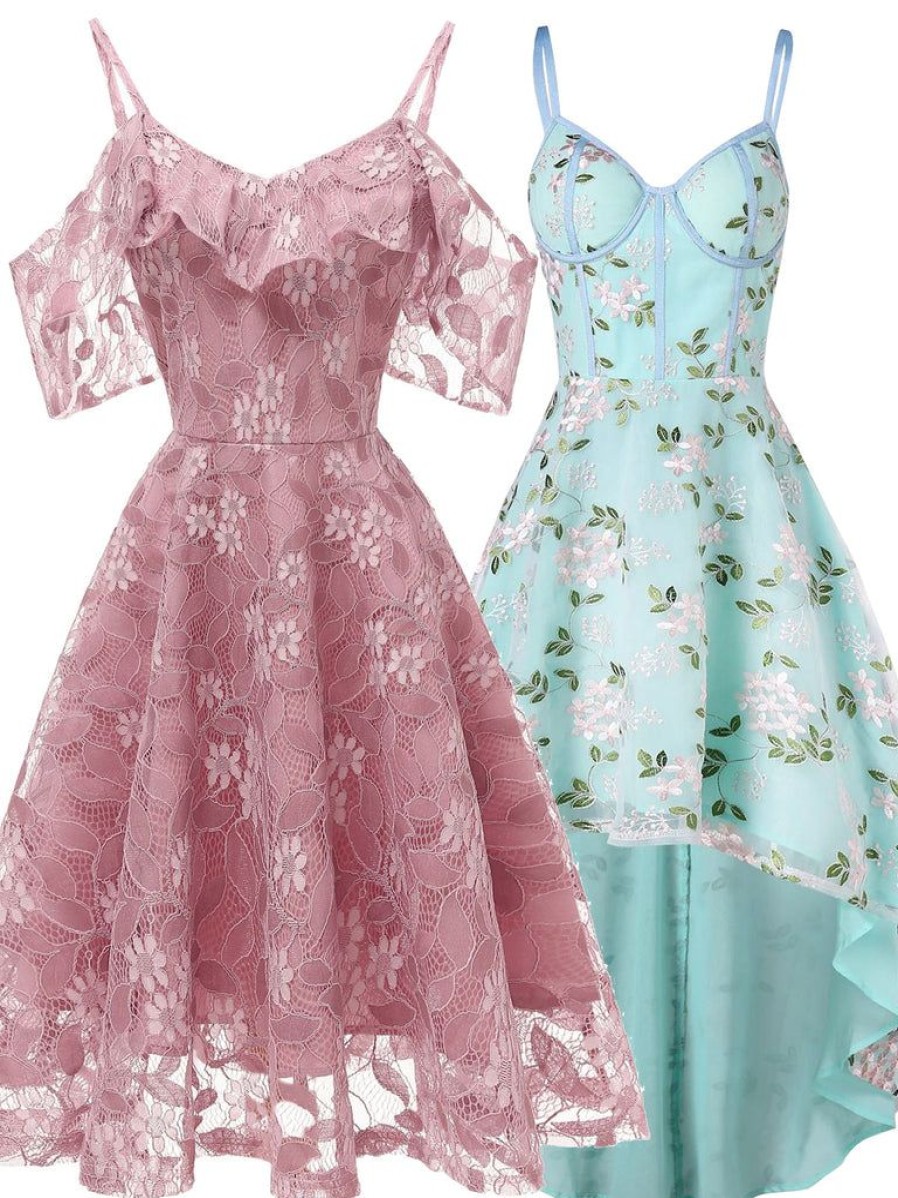 Clothing Retro Stage | 2Pcs 1950S Ruffle Dress & Floral Embroidery Dress