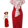 Clothing Retro Stage | 1950S Stripes Patchwork Pencil Dress Red