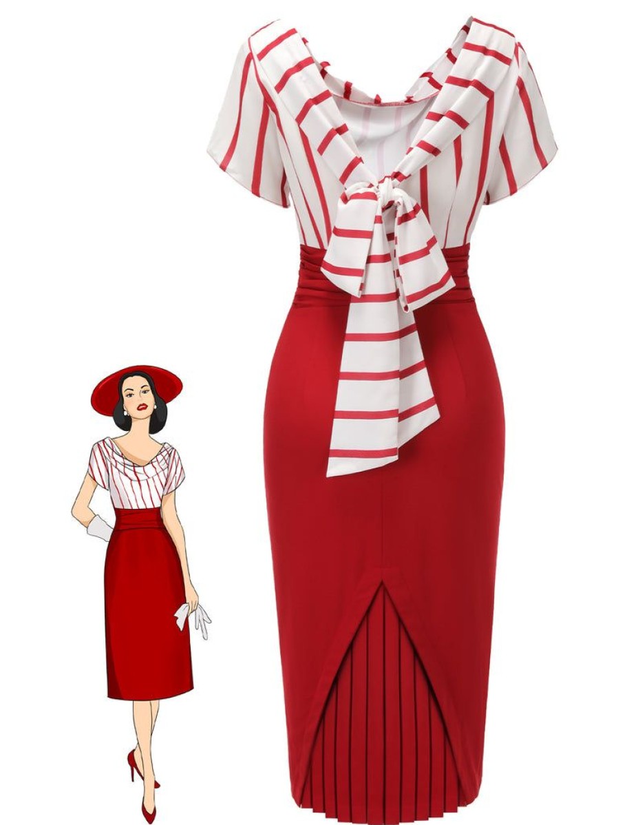 Clothing Retro Stage | 1950S Stripes Patchwork Pencil Dress Red