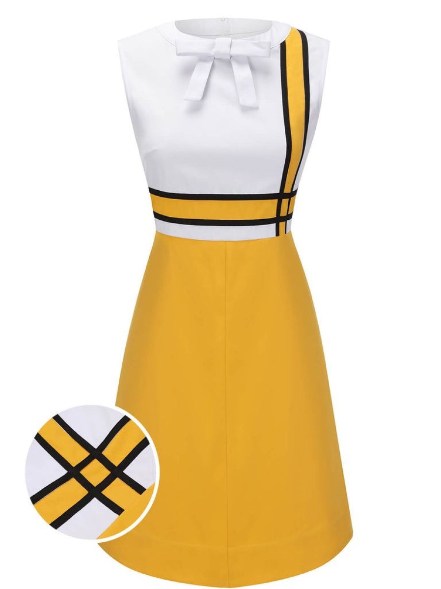 Clothing Retro Stage | 1960S Bowknot Patchwork Dress White & Yellow