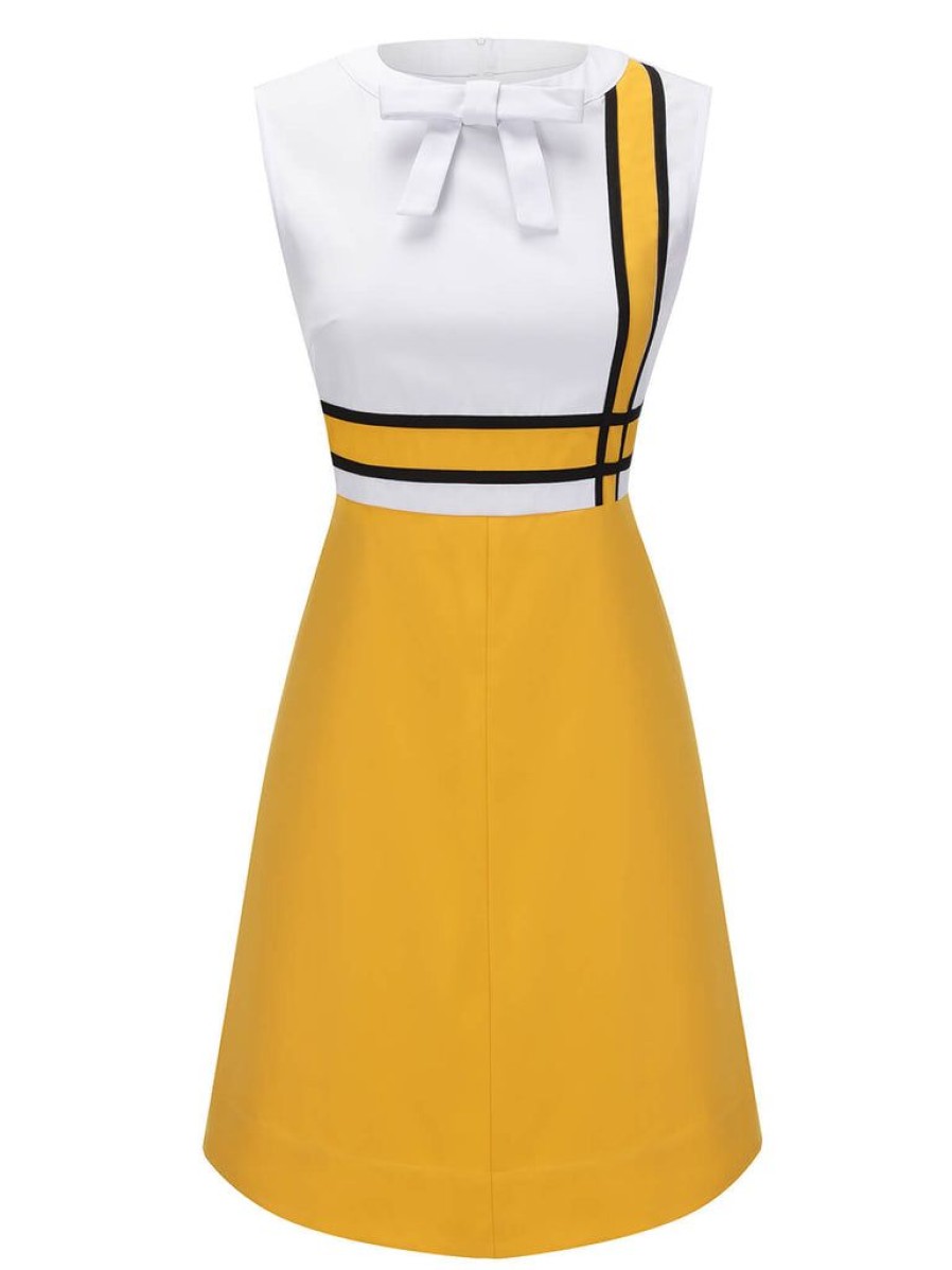 Clothing Retro Stage | 1960S Bowknot Patchwork Dress White & Yellow