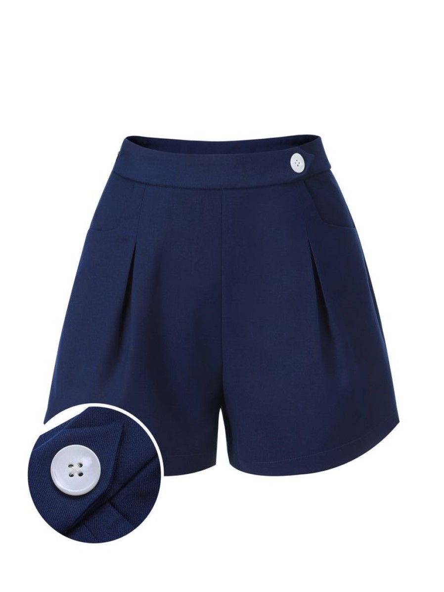 Clothing Retro Stage | 1950S Solid Button Shorts Navy Blue