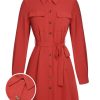 Clothing Retro Stage | 1950S Lapel Long Sleeve Shirt Dress Red