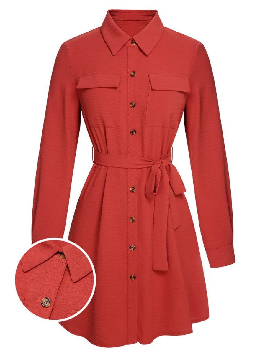 Clothing Retro Stage | 1950S Lapel Long Sleeve Shirt Dress Red