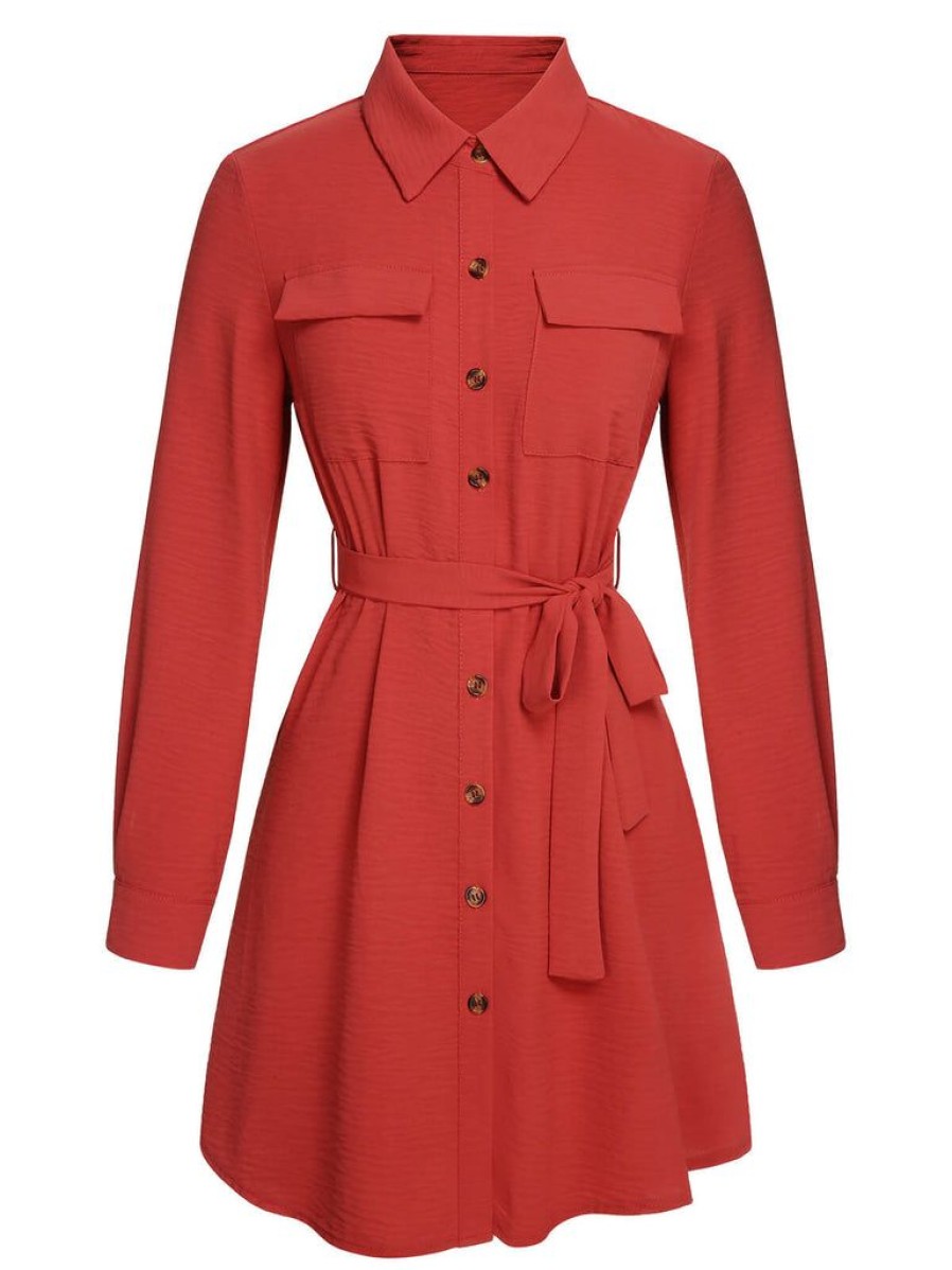 Clothing Retro Stage | 1950S Lapel Long Sleeve Shirt Dress Red