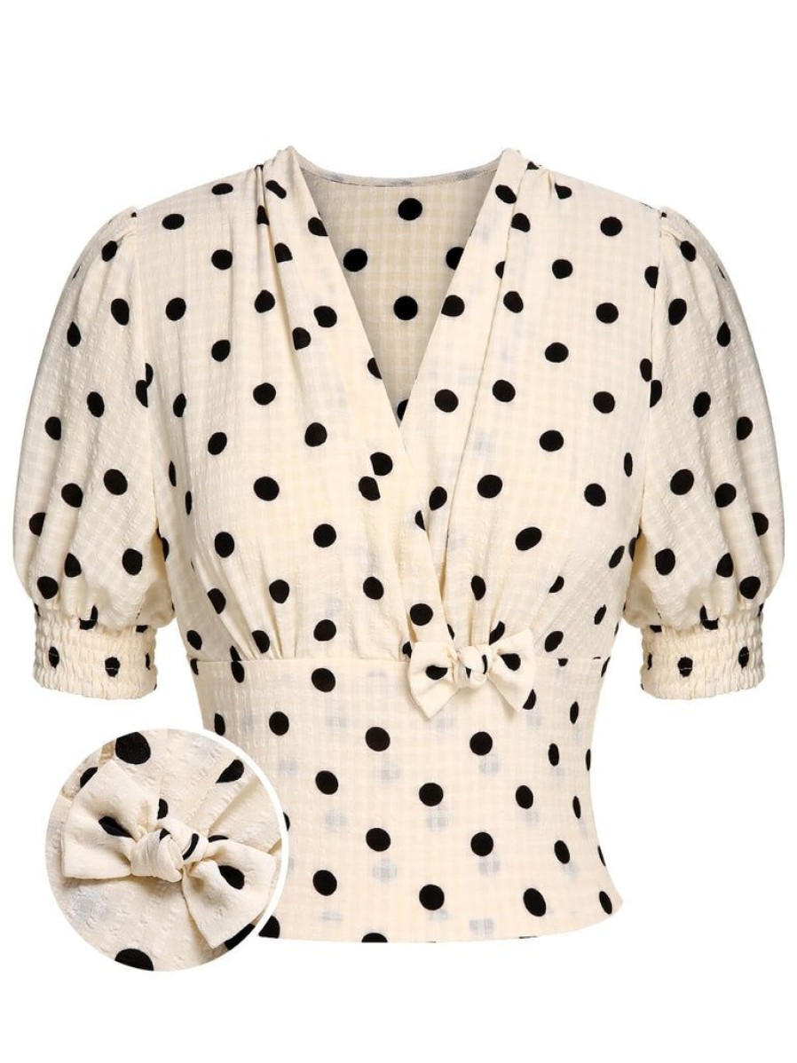 Clothing Retro Stage | 1940S Dots Bowknot V-Neck Blouse Beige