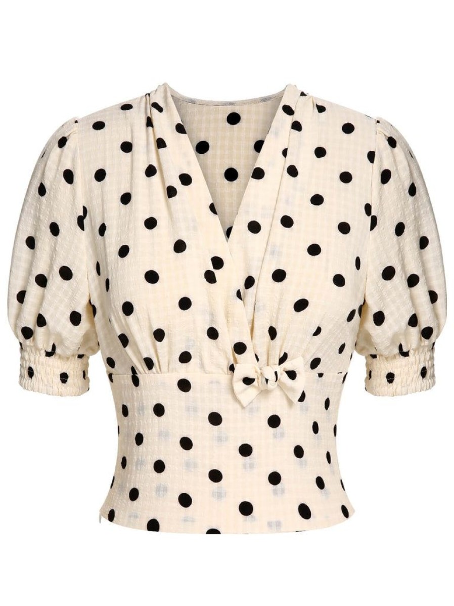 Clothing Retro Stage | 1940S Dots Bowknot V-Neck Blouse Beige