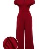 Clothing Retro Stage | 1930S V-Neck Solid Wrap Jumpsuit Wine Red