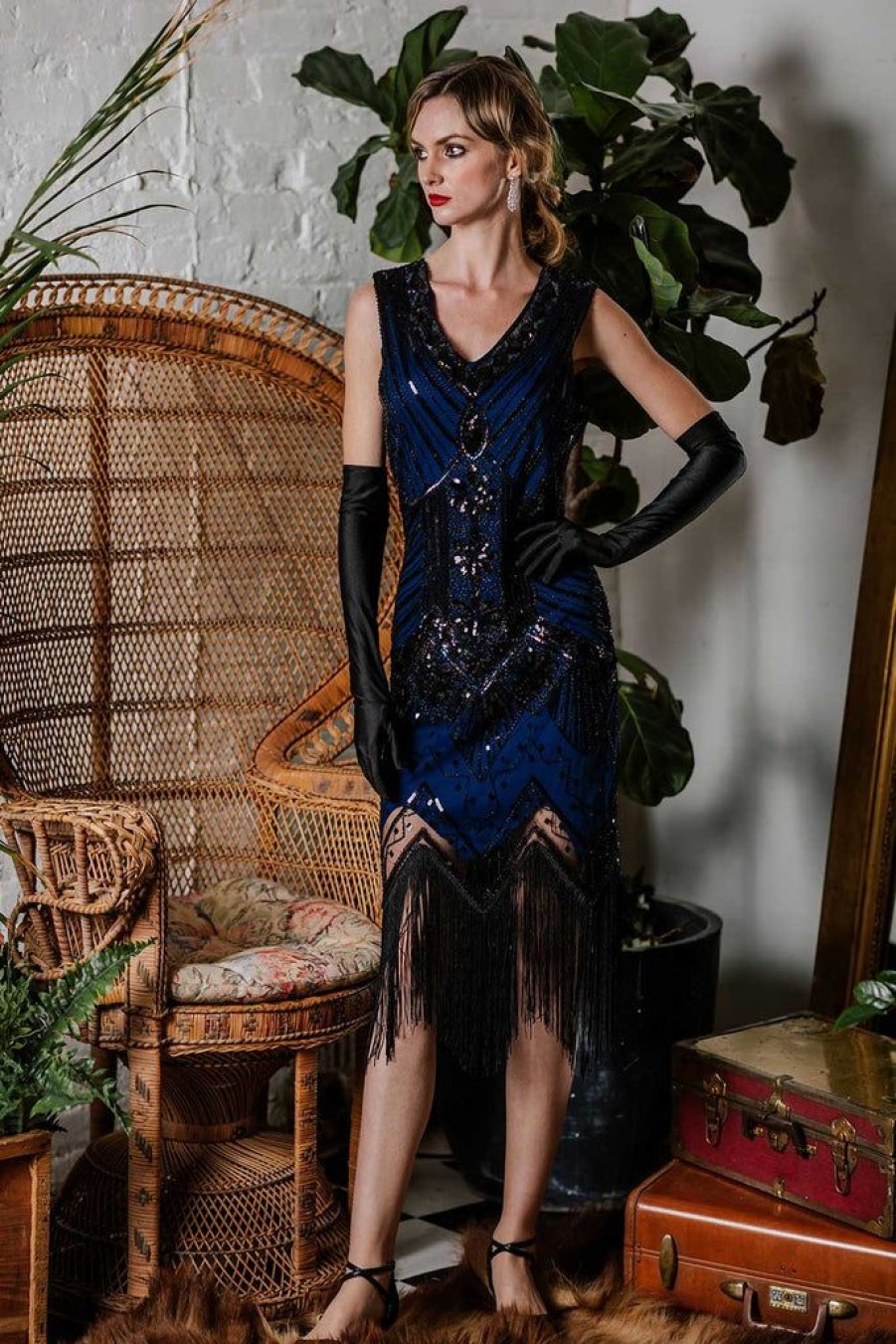 Clothing Retro Stage | 1920S Sequined Flapper Dress Blue