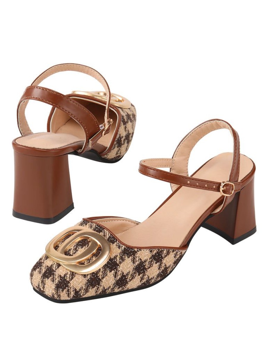 Shoes Retro Stage | Houndstooth Metal Buckle Chunky Heels Brown