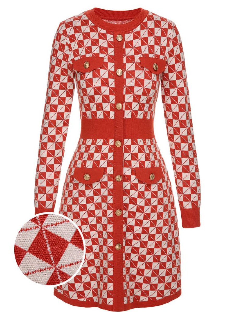 Clothing Retro Stage | 1940S Argyle Check Knitted Pencil Dress Red