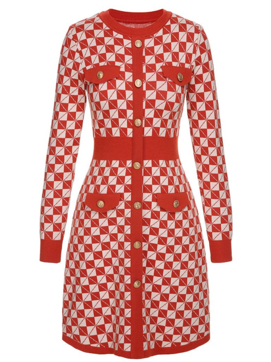 Clothing Retro Stage | 1940S Argyle Check Knitted Pencil Dress Red