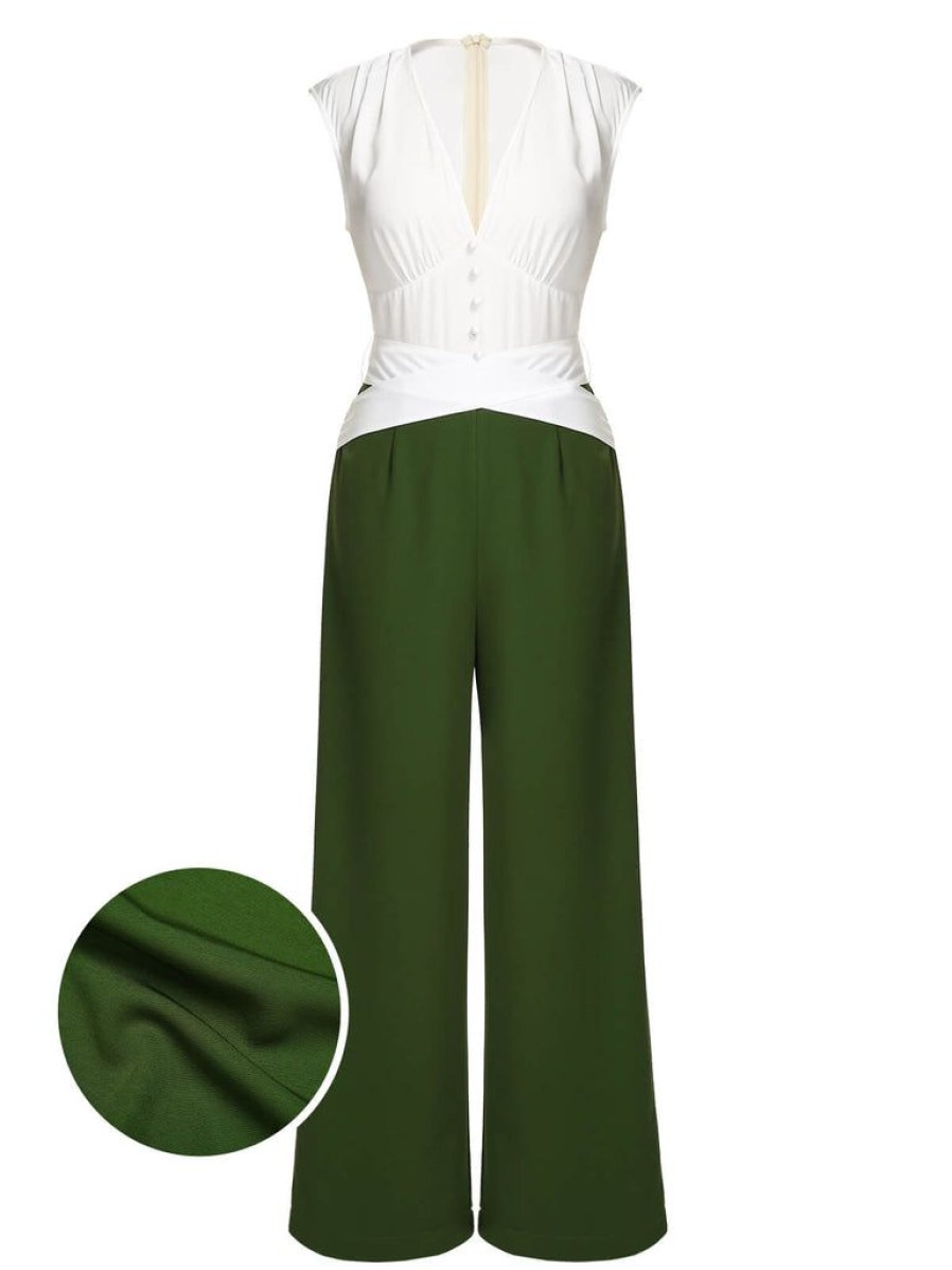 Clothing Retro Stage | 1930S Back Bow Jumpsuit White & Dark Green