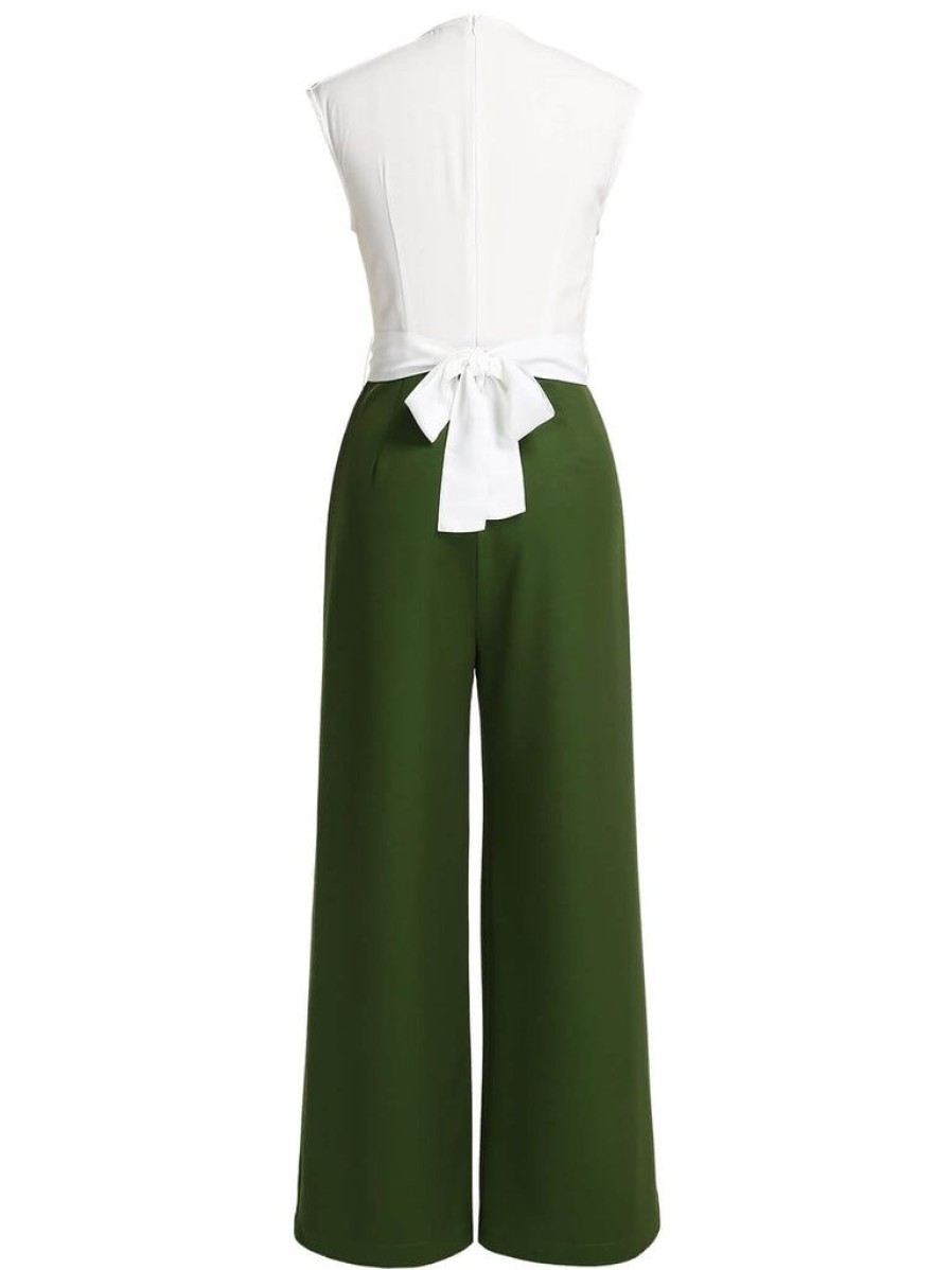 Clothing Retro Stage | 1930S Back Bow Jumpsuit White & Dark Green