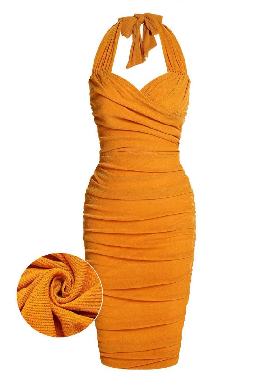 Clothing Retro Stage | 1960S Solid Folds Halter Pencil Dress Orange