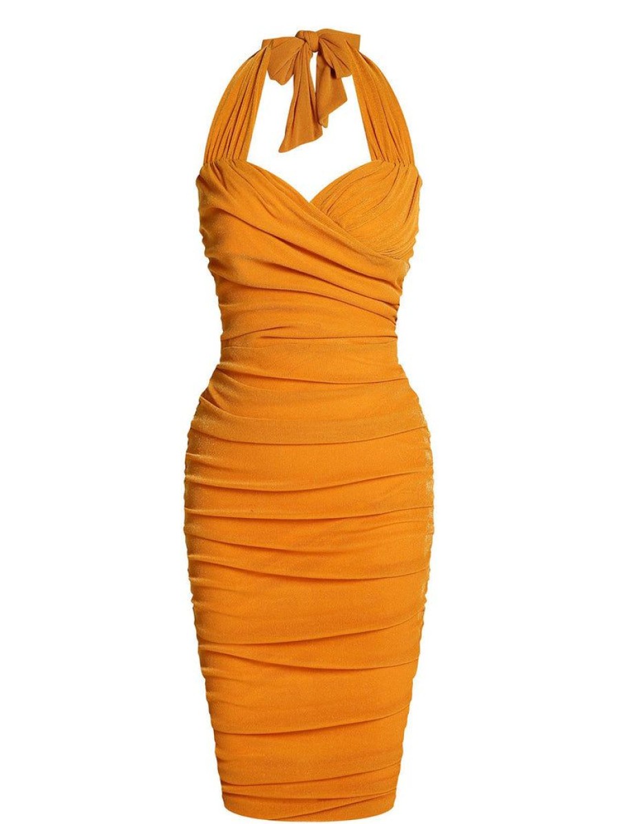 Clothing Retro Stage | 1960S Solid Folds Halter Pencil Dress Orange