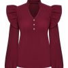 Clothing Retro Stage | 1950S Solid V-Neck Ruffle Blouse Wine Red