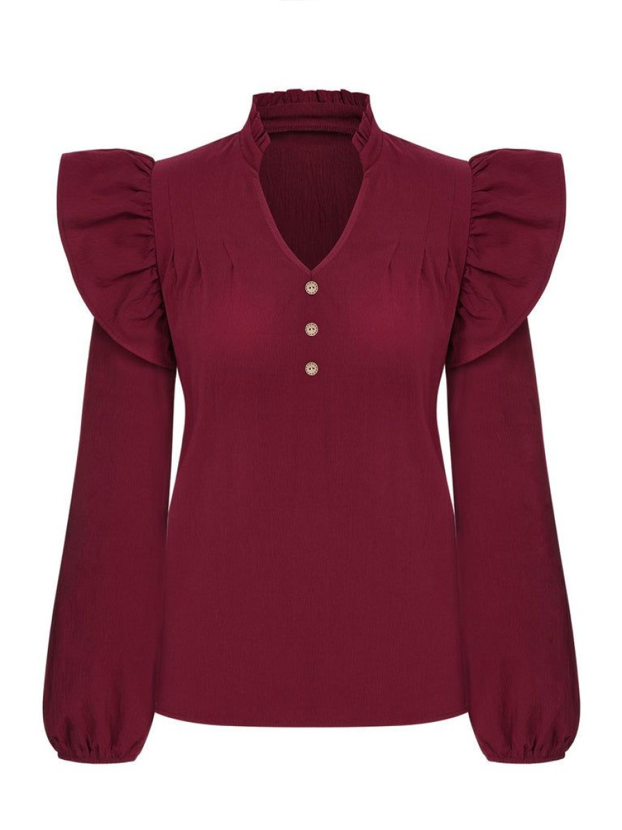 Clothing Retro Stage | 1950S Solid V-Neck Ruffle Blouse Wine Red