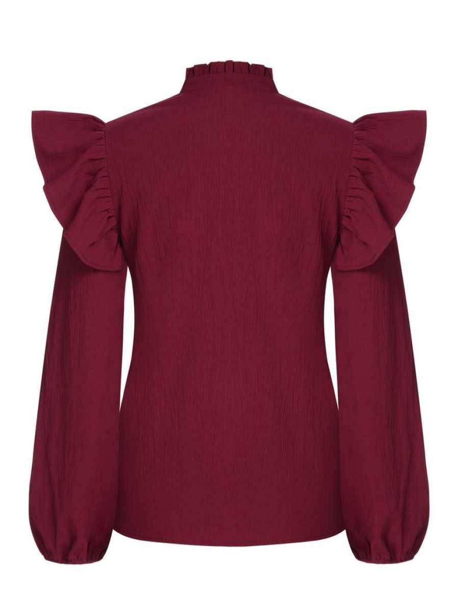 Clothing Retro Stage | 1950S Solid V-Neck Ruffle Blouse Wine Red