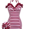 Clothing Retro Stage | 1950S Stripe Heart Collar Swimsuit Wine Red