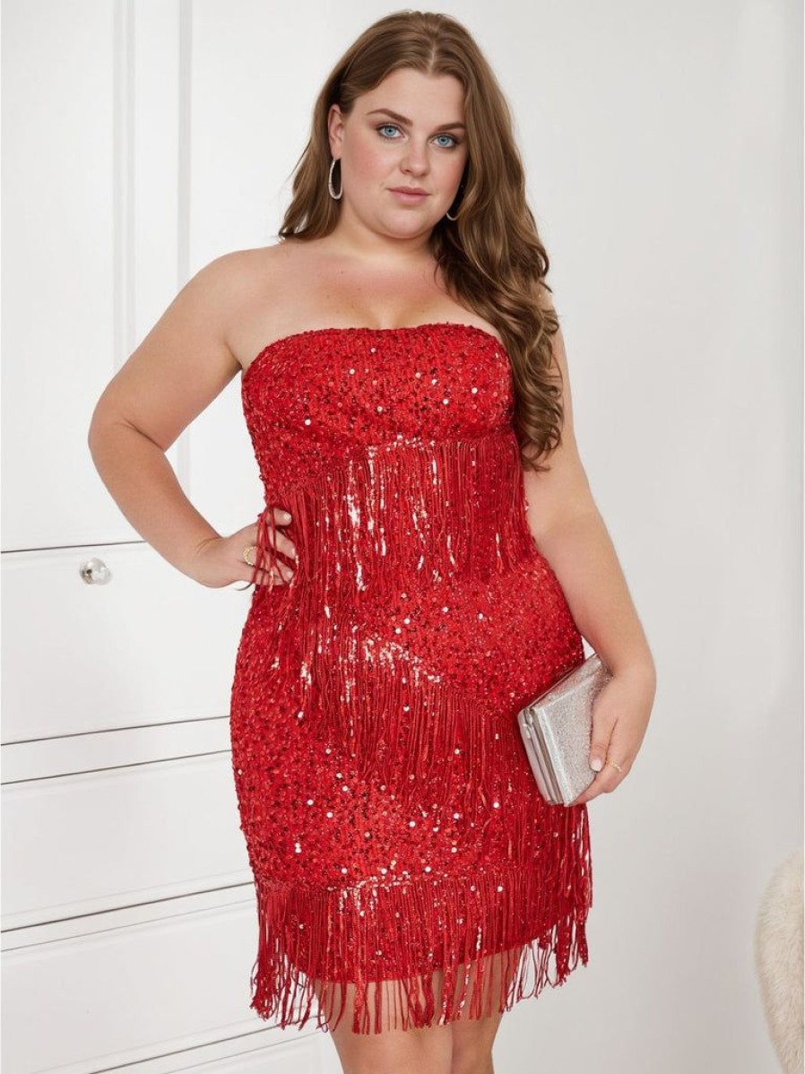 Clothing Retro Stage | [Plus Size] 1960S Strapless Sequined Fringed Dress Red