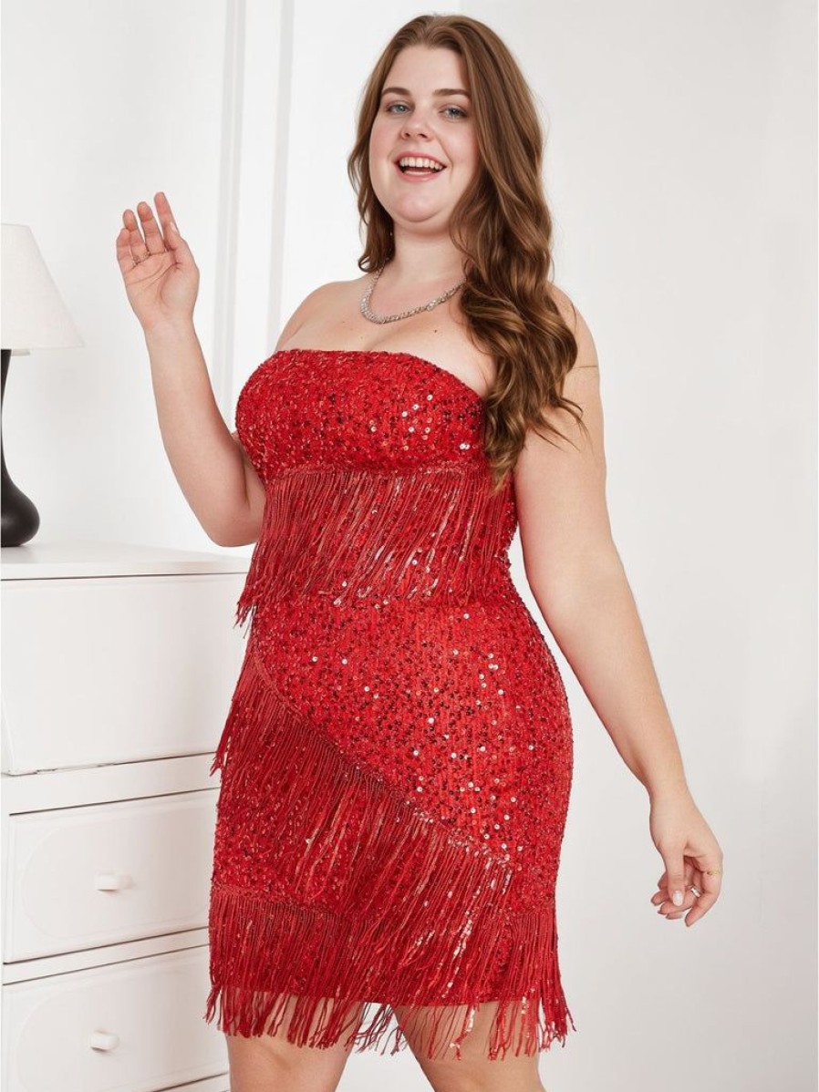 Clothing Retro Stage | [Plus Size] 1960S Strapless Sequined Fringed Dress Red