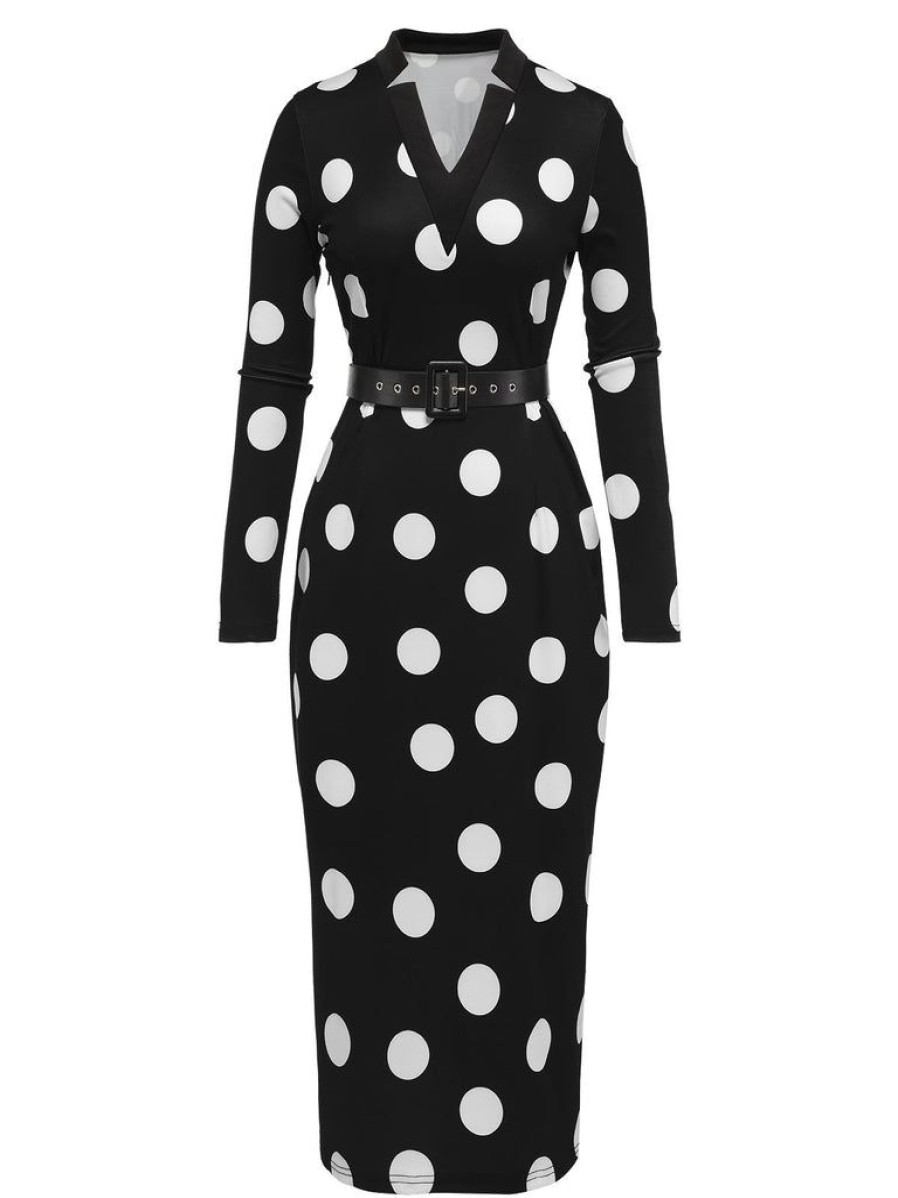 Clothing Retro Stage | 1960S Polka Dot V-Neck Dress Black