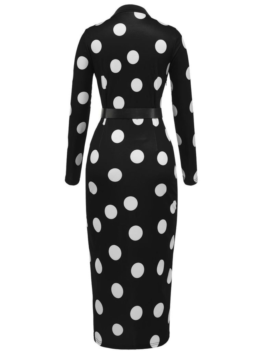 Clothing Retro Stage | 1960S Polka Dot V-Neck Dress Black