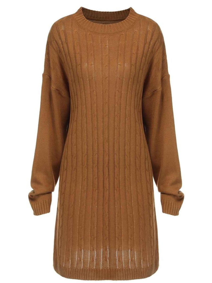 Clothing Retro Stage | 1940S Solid Hemp Pattern Sweater Dress Brown