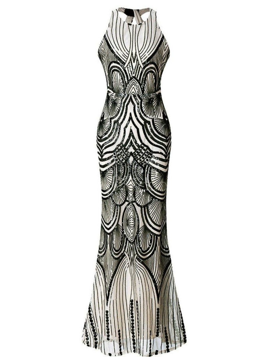 Clothing Retro Stage | 1920S Sequin Backless Formal Dress Beige