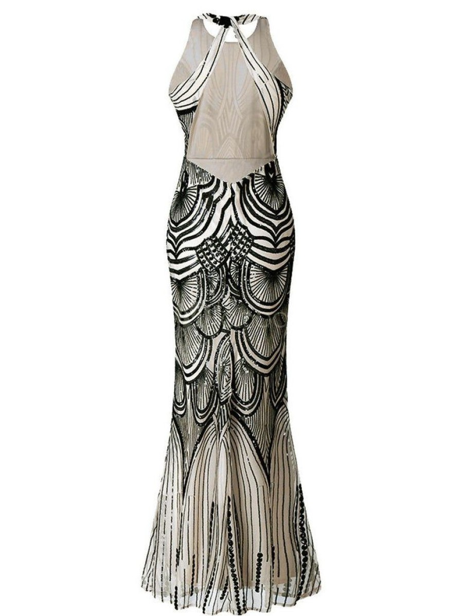 Clothing Retro Stage | 1920S Sequin Backless Formal Dress Beige