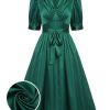 Clothing Retro Stage | 1940S Solid Belt V-Neck Dress Dark Green