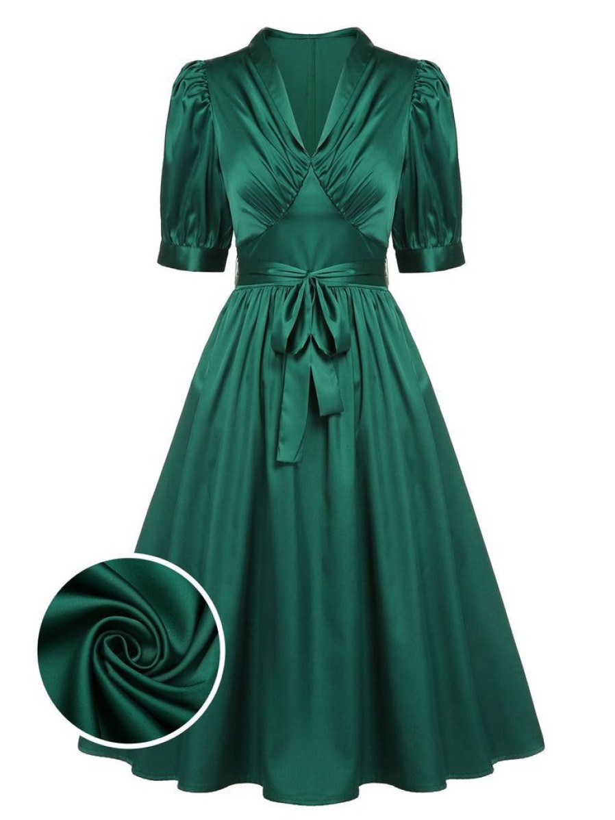 Clothing Retro Stage | 1940S Solid Belt V-Neck Dress Dark Green