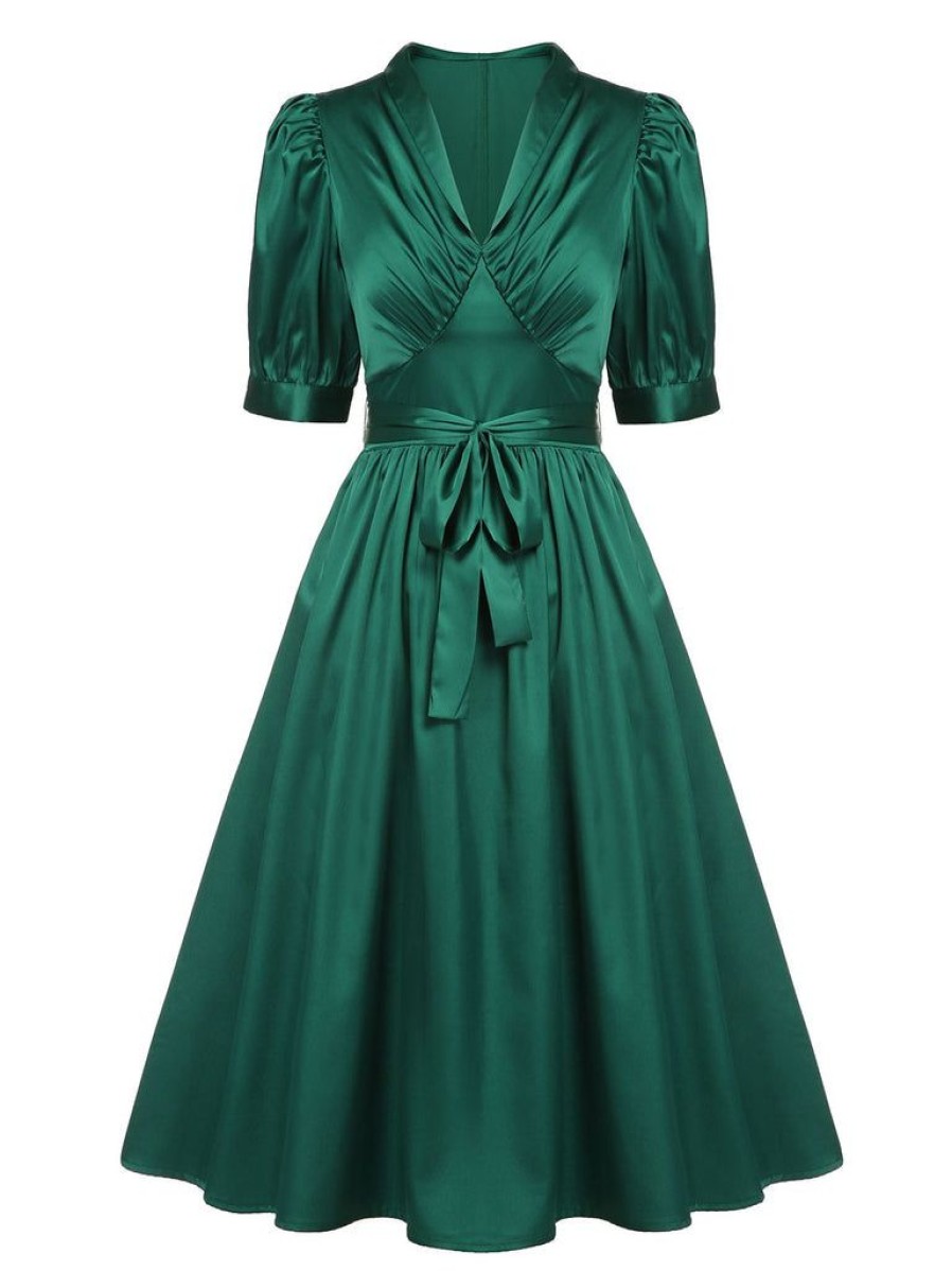 Clothing Retro Stage | 1940S Solid Belt V-Neck Dress Dark Green